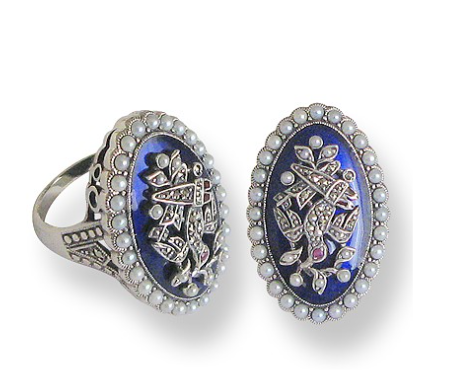 BAGUE EMAIL ART DECO BLEU