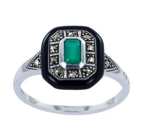 Bague Ancienne En Argent 925 Et Agate Verte - Taille 55/56, Occasion Vintage