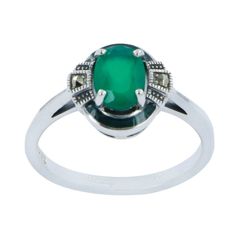 BAGUE ARGENT AGATE VERTE ART NOUVEAU