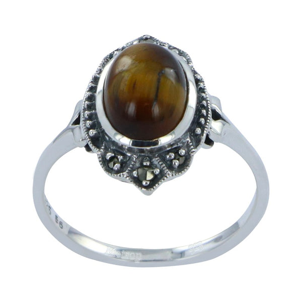 Bague Art Déco Ancienne En œil De Tigre, Plaqué Or, Taille 63 - Occasion Sublime
