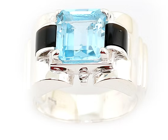 Bague Tank Art Déco - Argent 925 - Pierre Bleue (Aigue-Marine/Topaze) - Taille 56
