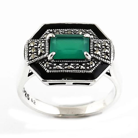 bague art deco en argent et email, agate verte de la marque La Metrop