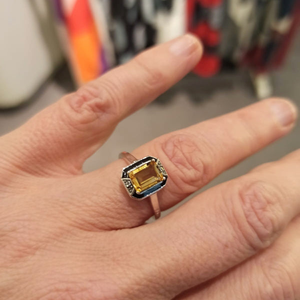 Bague Ancienne En Argent Massif Et Citrine - Bijou Vintage - Occasion