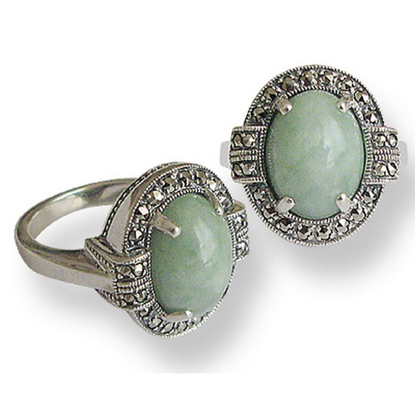 Bague Ancienne 1930 Plaqué Or Avec Jadéite Sculptée En Cœur - Style Articulé Avec 3 Boules - Taille 56
