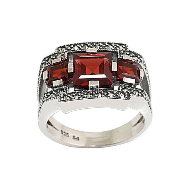 Bague Argent Massif 900 Style Art Déco Avec Grenats - Taille 62,5, Occasion, Bijou Vintage