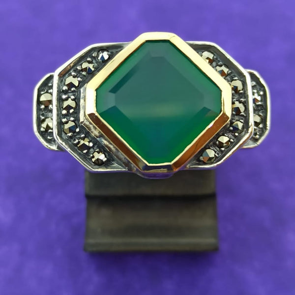 Bague Borgia Vintage En Argent 925 Avec Agate Verte - Taille 60/58 Ajustable, état Neuf