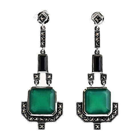 boucles agate verte et marcassites style ancien