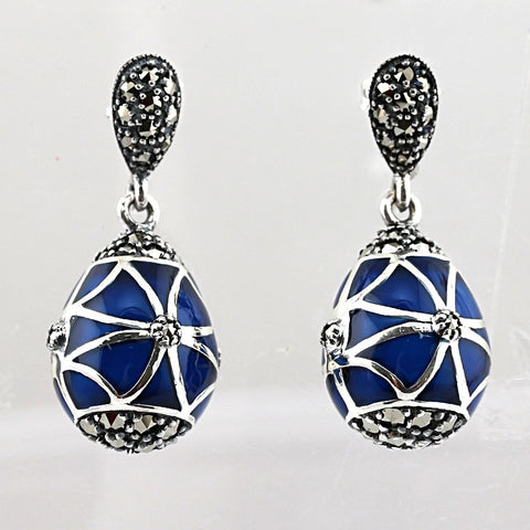 boucles email argent art deco bleu
