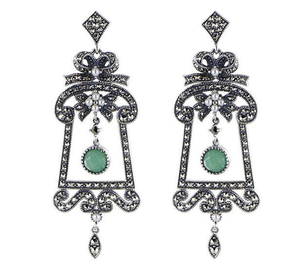 Boucles D'Oreilles Or Blanc 18K Avec Jade Violet & Perles Blanches - Neuf Avec Étiquettes
