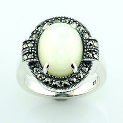 Bague Ancienne En Argent Massif Avec Incrustation De Nacre - Taille 54, Poids 14g, Bijou Vintage Occasion
