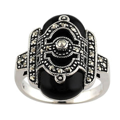 Bague Art Déco En Argent 925/000 Avec Onyx Noir Et Marcassites - Taille 53 - Bijou Ancien Repoli