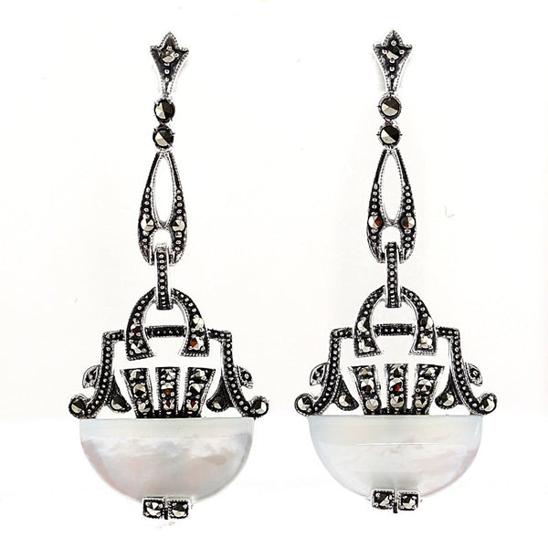 Boucles D’oreilles Art Déco Goutte En Argent 925 Avec Nacre Et Marcassite – Neuves Avec étiquettes