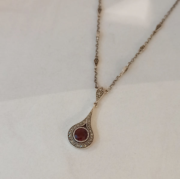 Collier Art Déco En Argent 925 - Grenat Et Marcassites - Vintage - Occasion